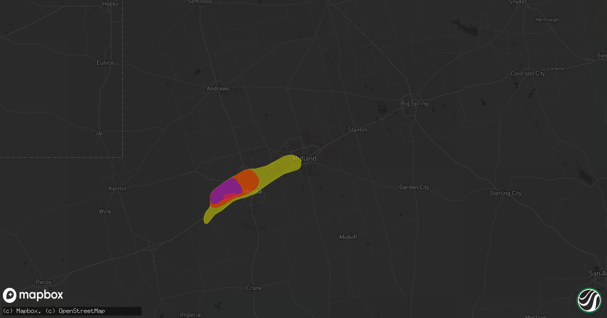 Hail map in Midland, TX on May 22, 2023
