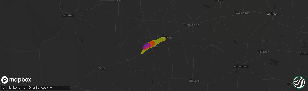 Hail map in Odessa, TX on May 22, 2023