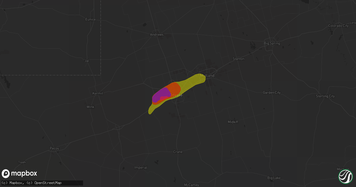 Hail map in Odessa, TX on May 22, 2023
