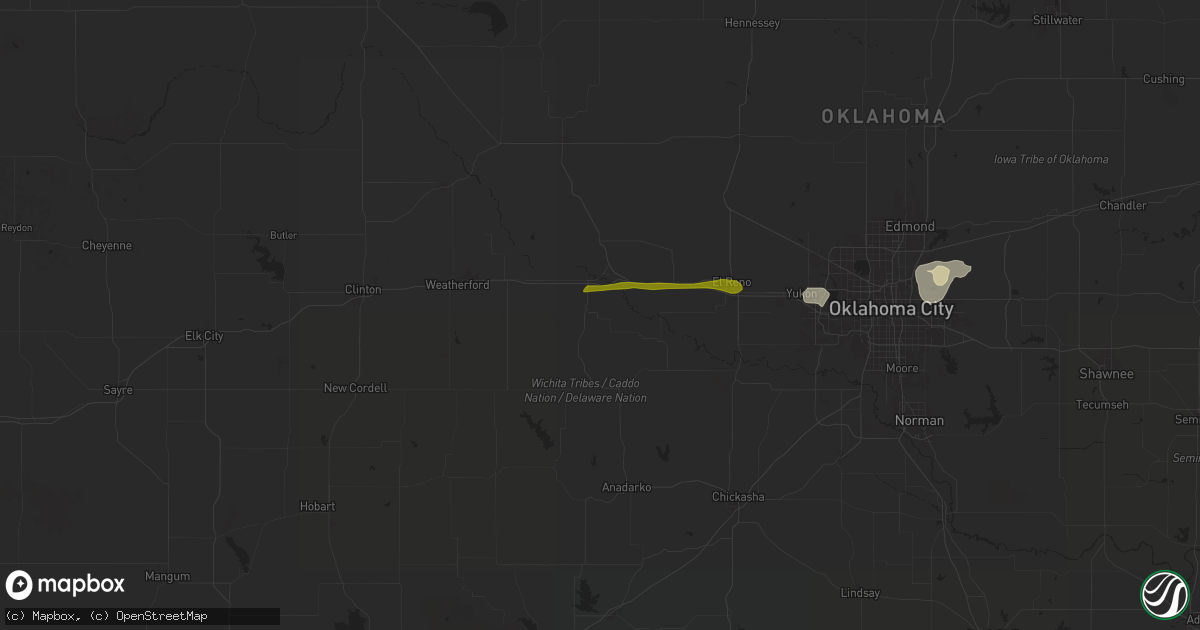 Hail map in Hinton, OK on May 22, 2024
