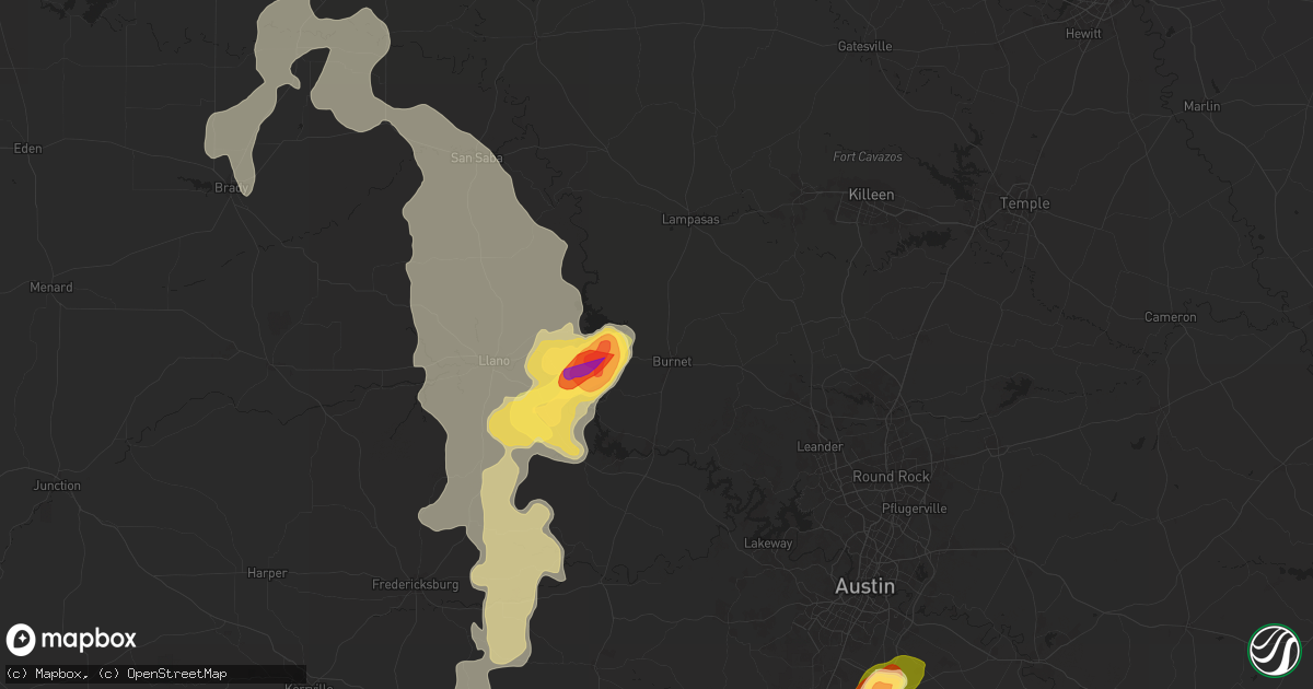 Hail map in Burnet, TX on May 22, 2025
