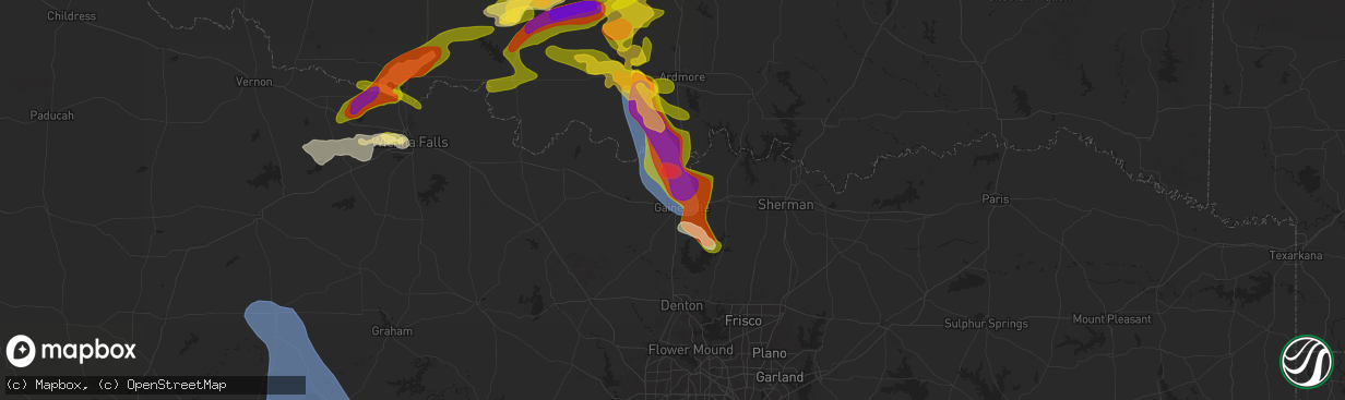 Hail map in Gainesville, TX on May 22, 2025