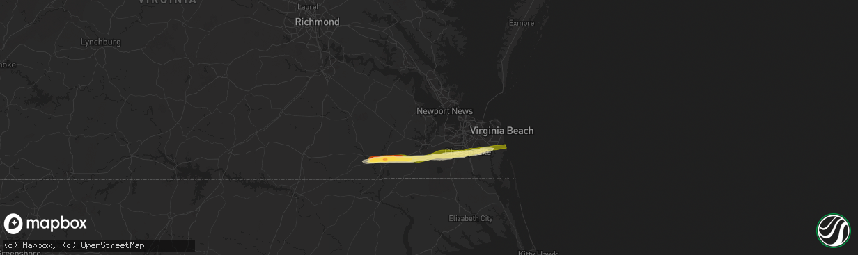 Hail map in Suffolk, VA on May 22, 2025