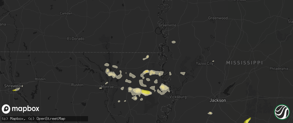 Hail map in Oak Grove, LA on May 22, 2026
