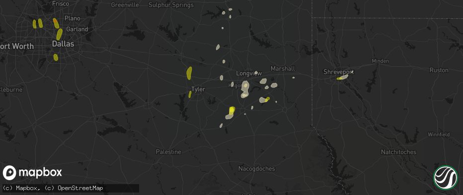 Hail map in Overton, TX on May 22, 2026