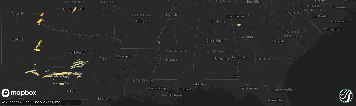 Hail map in Mississippi on May 23, 2024