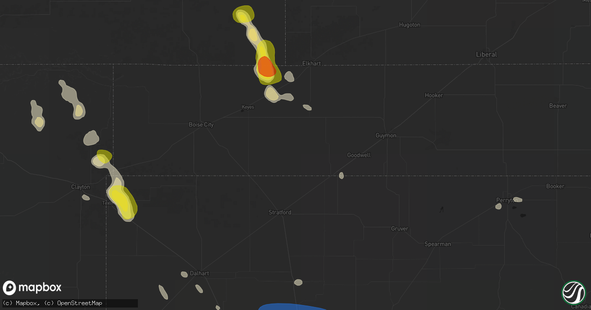 Hail map in Texhoma, OK on May 23, 2026