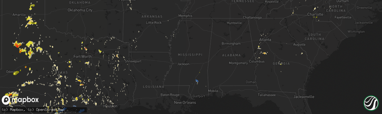 Hail map in Mississippi on May 24, 2020