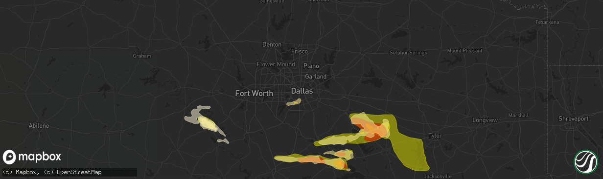 Hail map in Dallas, TX on May 24, 2024