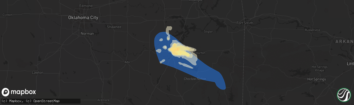 Hail map in Krebs, OK on May 24, 2025