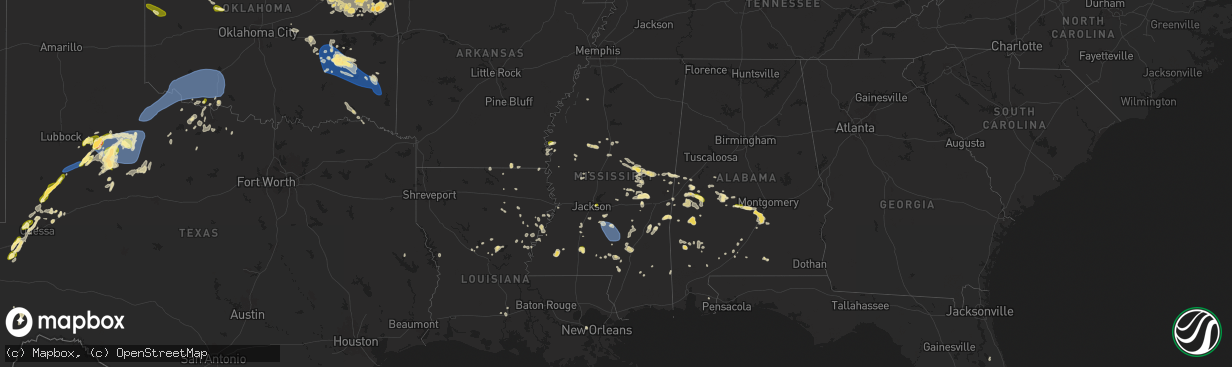 Hail map in Mississippi on May 24, 2025
