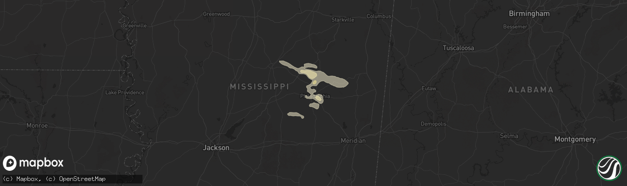 Hail map in Philadelphia, MS on May 24, 2025
