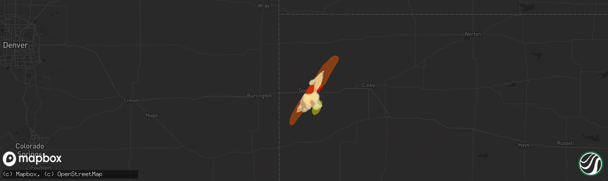 Hail map in Goodland, KS on May 25, 2013