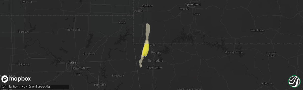 Hail map in Bella Vista, AR on May 25, 2020