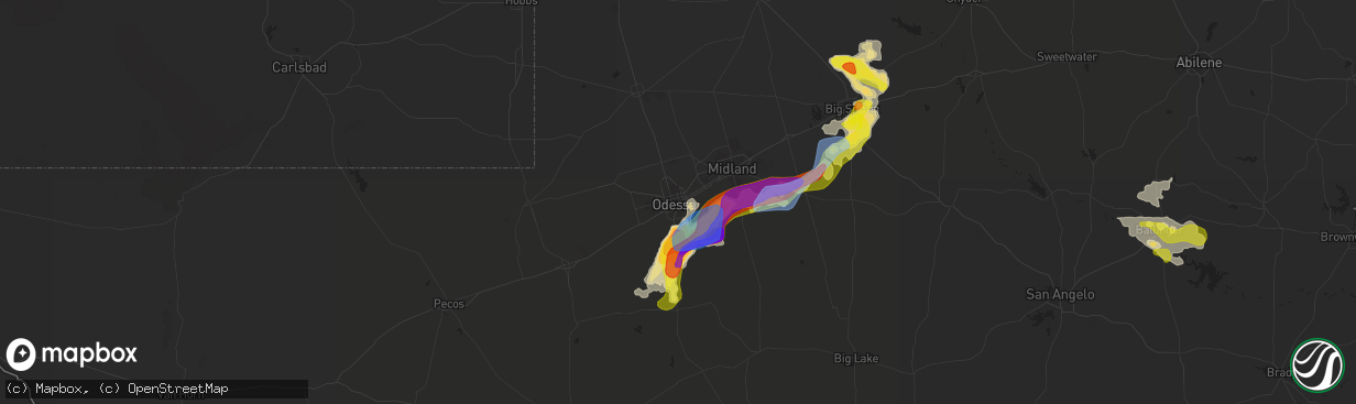 Hail map in Odessa, TX on May 25, 2021