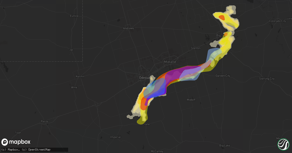Hail map in Odessa, TX on May 25, 2021