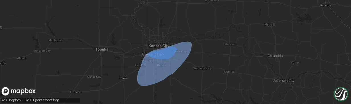 Hail map in Blue Springs, MO on May 25, 2024