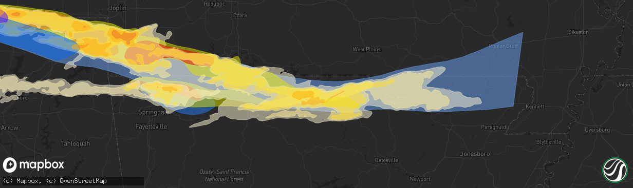 Hail map in Mountain Home, AR on May 25, 2024