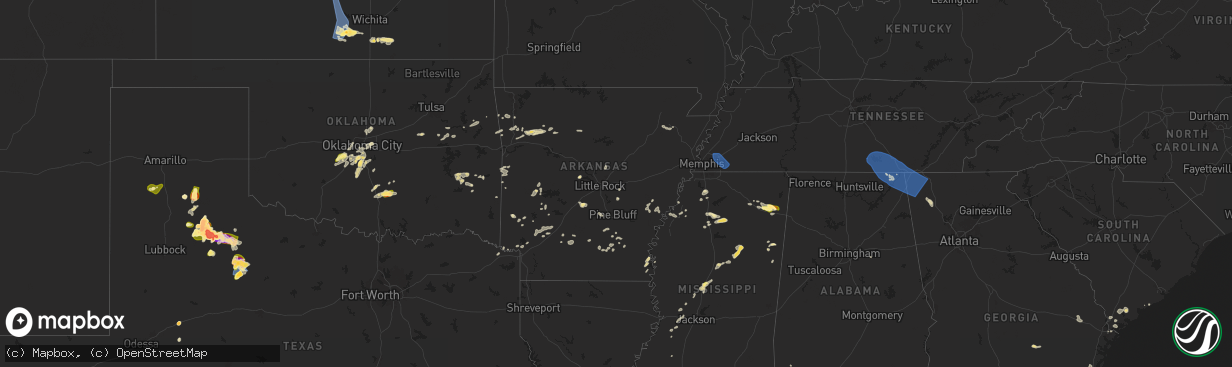 Hail map in Arkansas on May 25, 2025