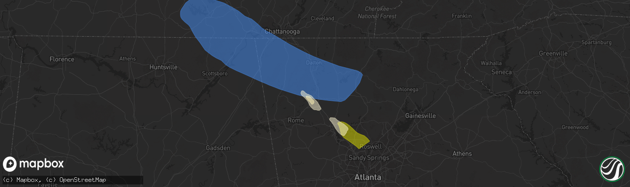 Hail map in Calhoun, GA on May 25, 2025