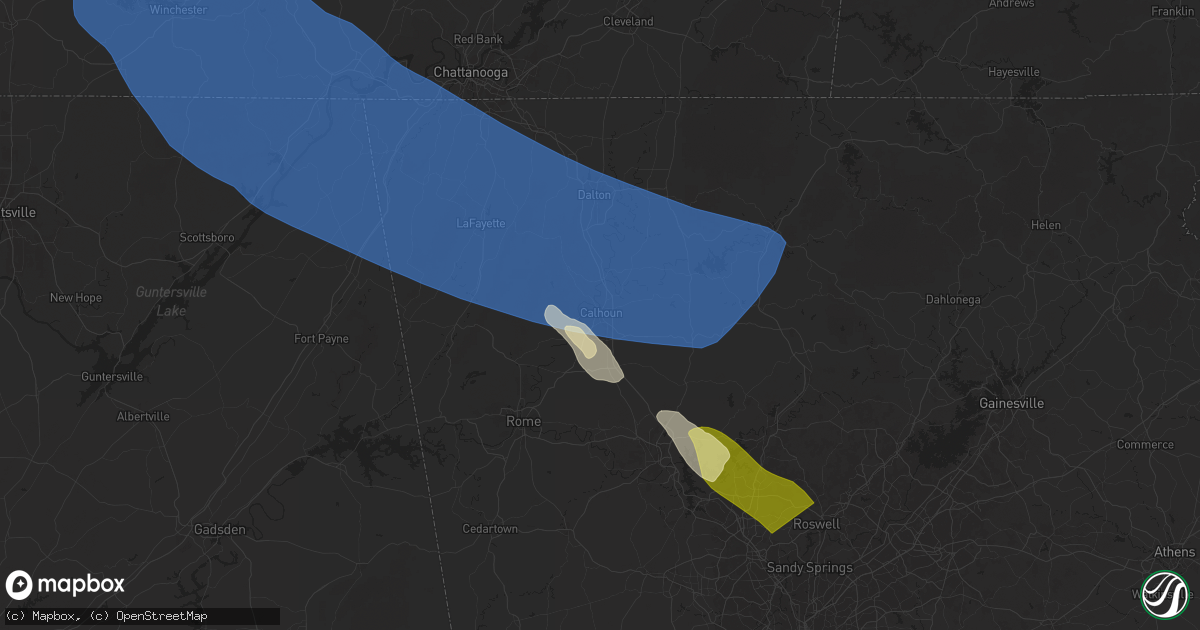 Hail map in Calhoun, GA on May 25, 2025