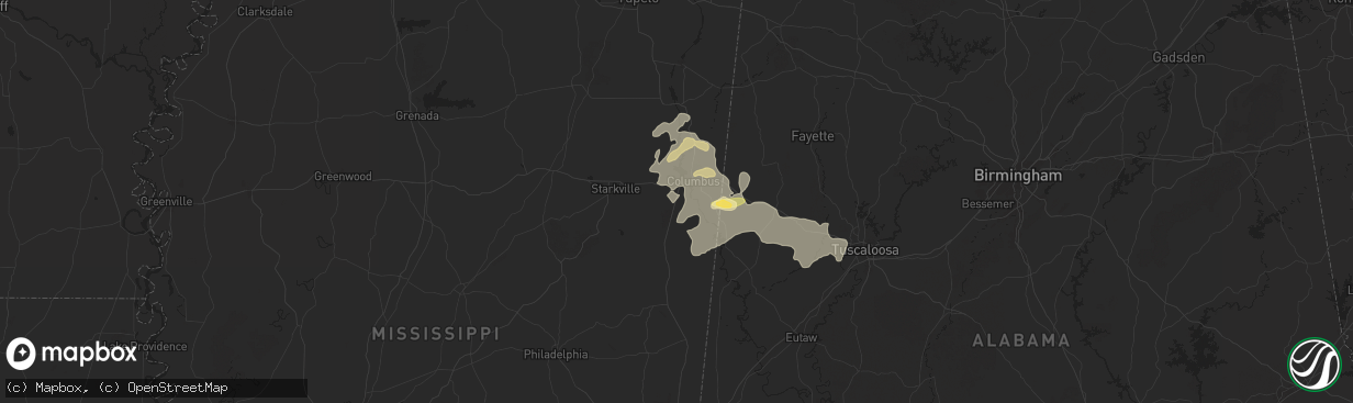 Hail map in Columbus, MS on May 25, 2025