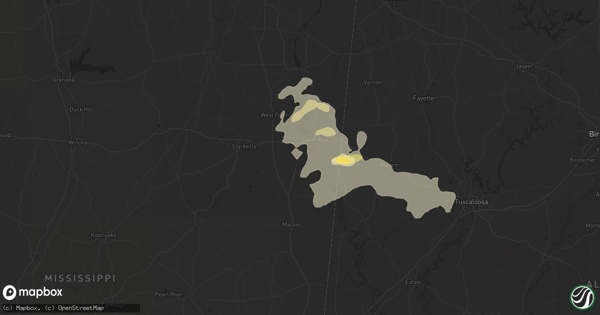Hail map in Columbus, MS on May 25, 2025