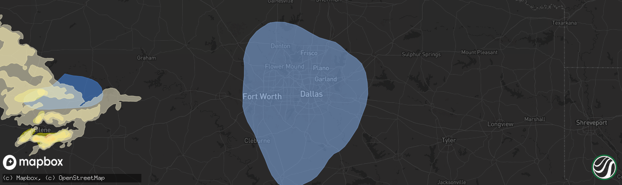 Hail map in Dallas, TX on May 25, 2025