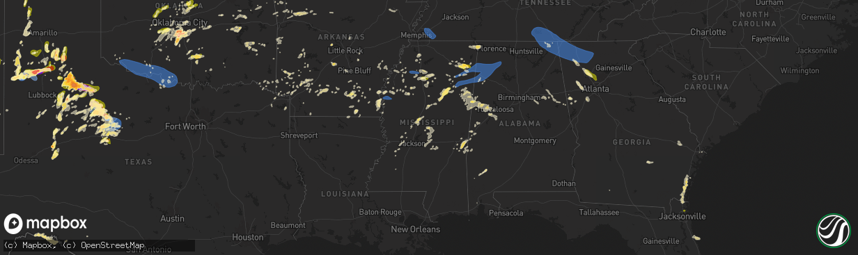 Hail map in Mississippi on May 25, 2025