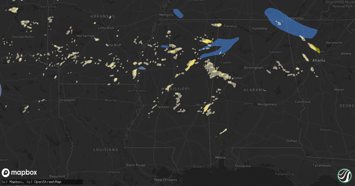 Hail map in Mississippi on May 25, 2025