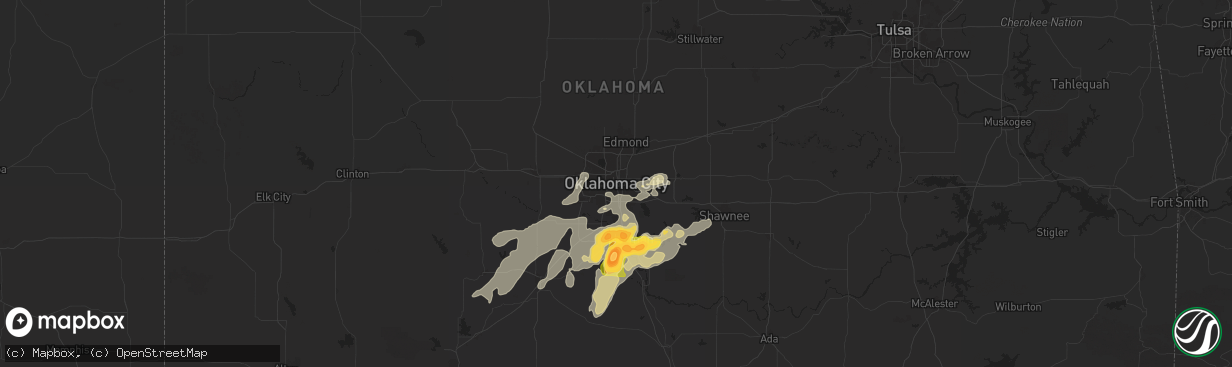 Hail map in Oklahoma City, OK on May 25, 2025
