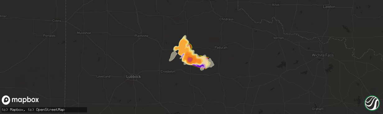 Hail map in Roaring Springs, TX on May 25, 2025