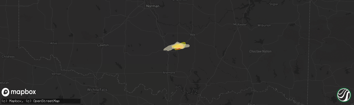Hail map in Sulphur, OK on May 25, 2025
