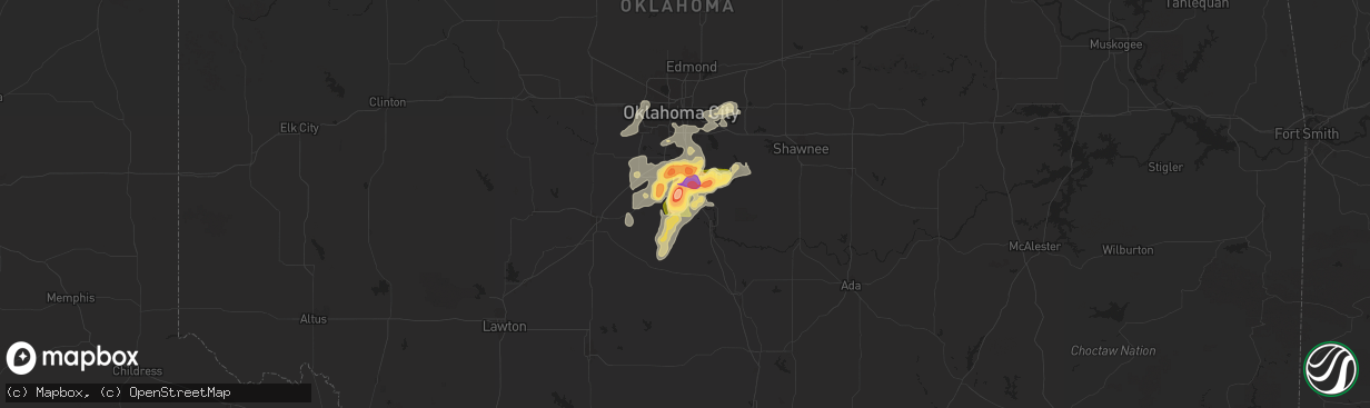 Hail map in Washington, OK on May 25, 2025