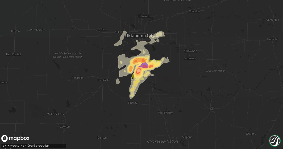 Hail map in Washington, OK on May 25, 2025