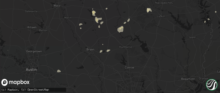 Hail map in Bedias, TX on May 25, 2026
