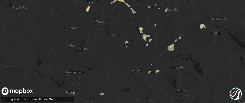 Hail map in Calvert, TX on May 25, 2026