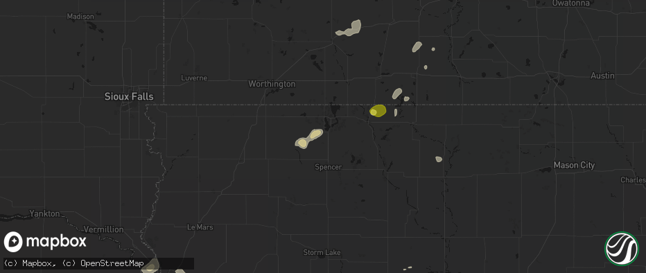 Hail map in Milford, IA on May 25, 2026