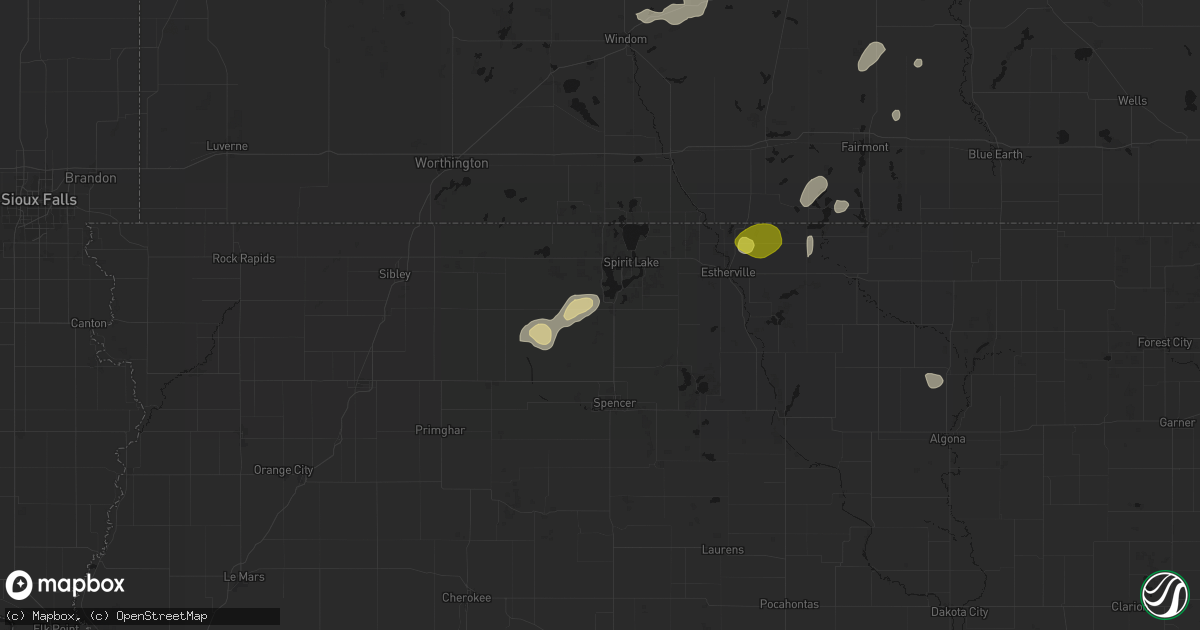 Hail map in Milford, IA on May 25, 2026