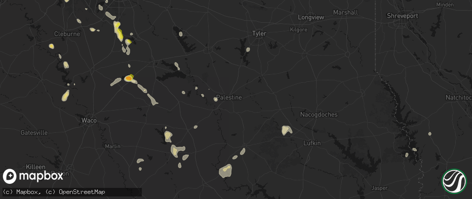 Hail map in Palestine, TX on May 25, 2026