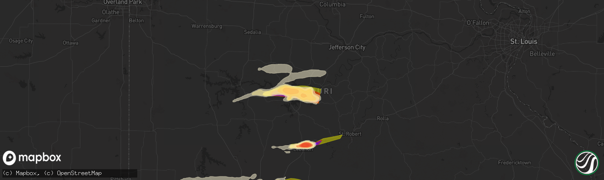 Hail map in Lake Ozark, MO on May 26, 2024