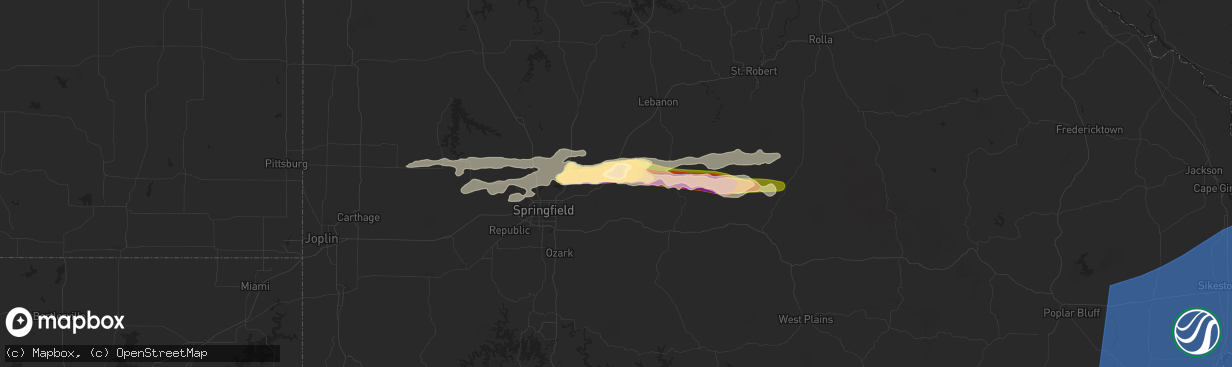 Hail map in Marshfield, MO on May 26, 2024