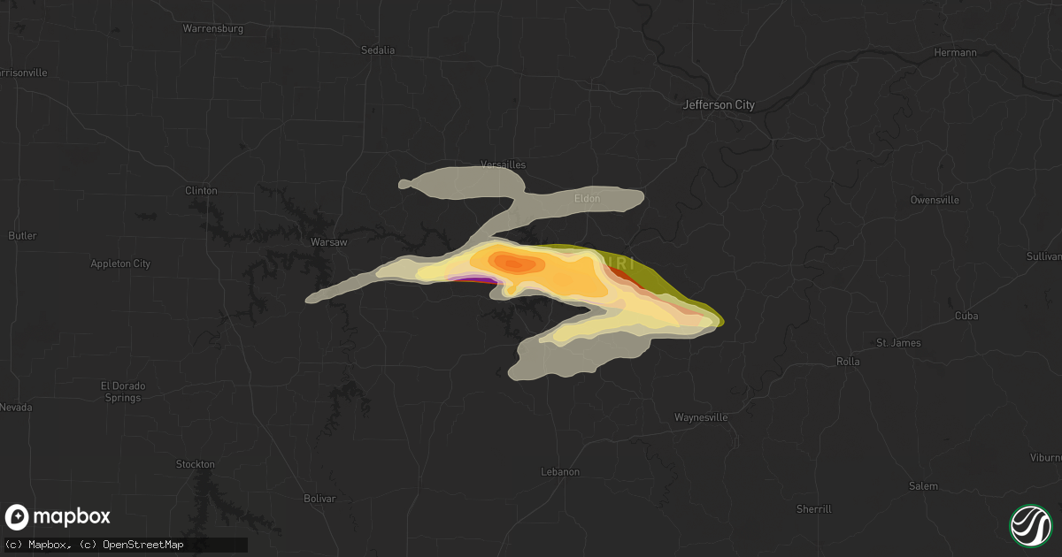 Hail map in Sunrise Beach, MO on May 26, 2024