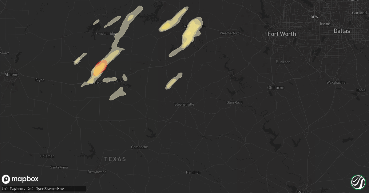 Hail map in Stephenville, TX on May 26, 2025