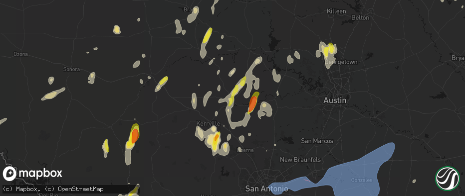 Hail map in Fredericksburg, TX on May 26, 2026