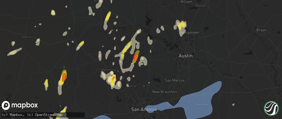 Hail map in Hye, TX on May 26, 2026