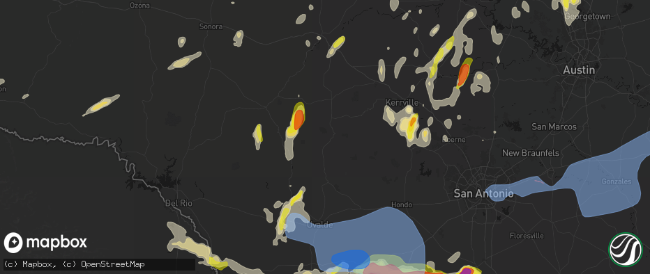 Hail map in Leakey, TX on May 26, 2026