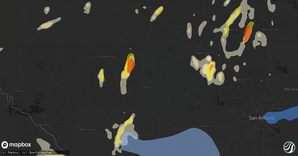 Hail map in Leakey, TX on May 26, 2026