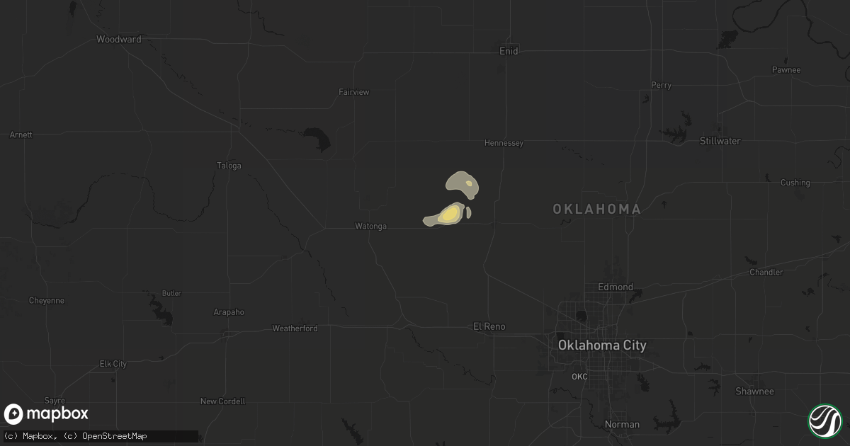 Hail map in Omega, OK on May 26, 2026