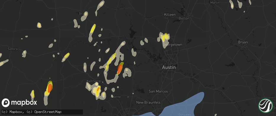 Hail map in Round Mountain, TX on May 26, 2026